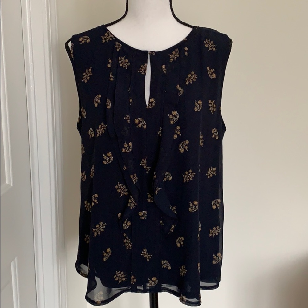 Ann Taylor Navy Floral Design Sleeveless Blouse Size L